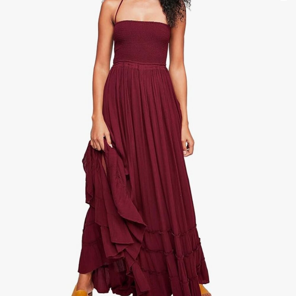 Elegant Burgundy Womens Summer Boho Sexy Backless Long Dresses